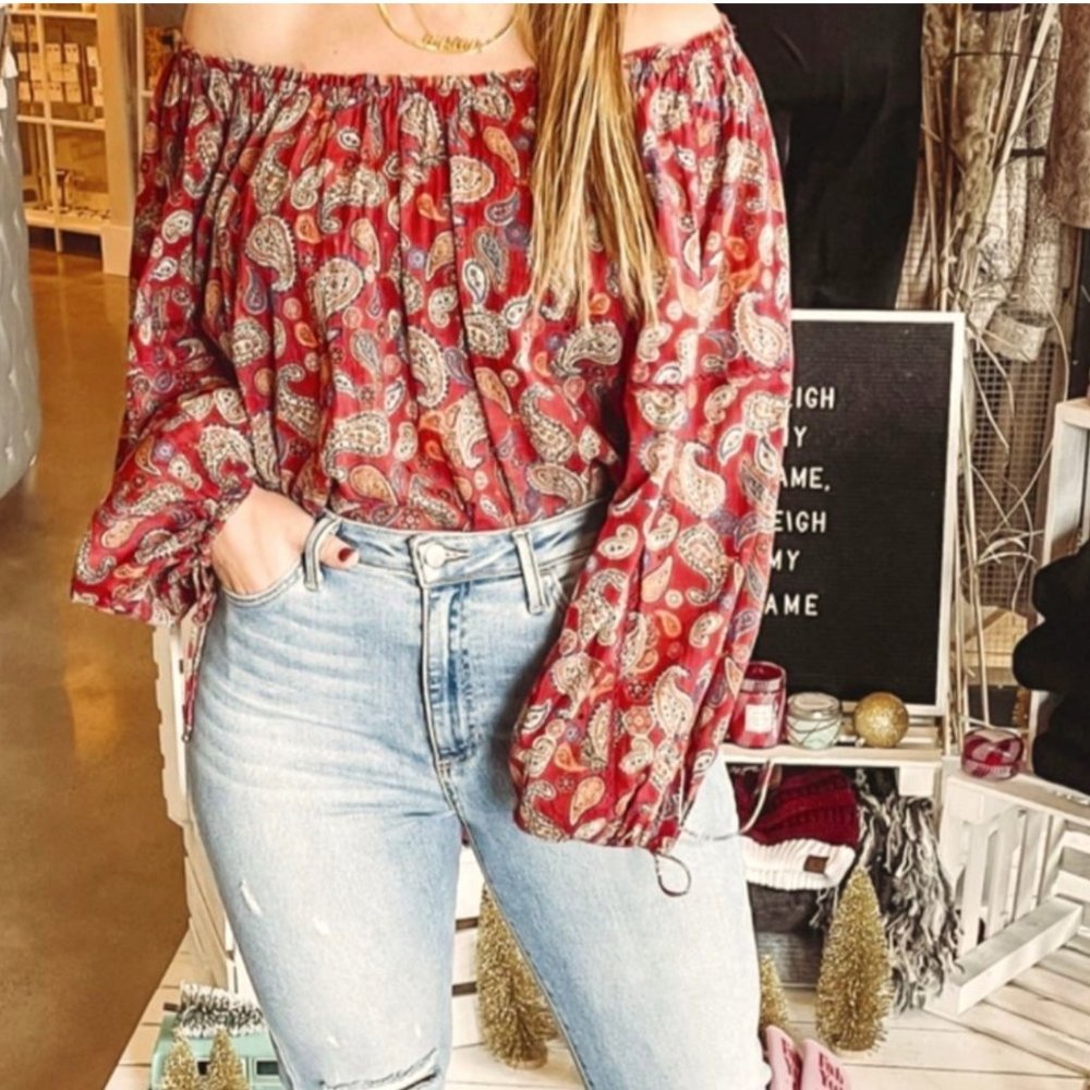 Free People Medium Sundown Bodysuit Red Paisley Combo Boho Off Shoulder NEW $78